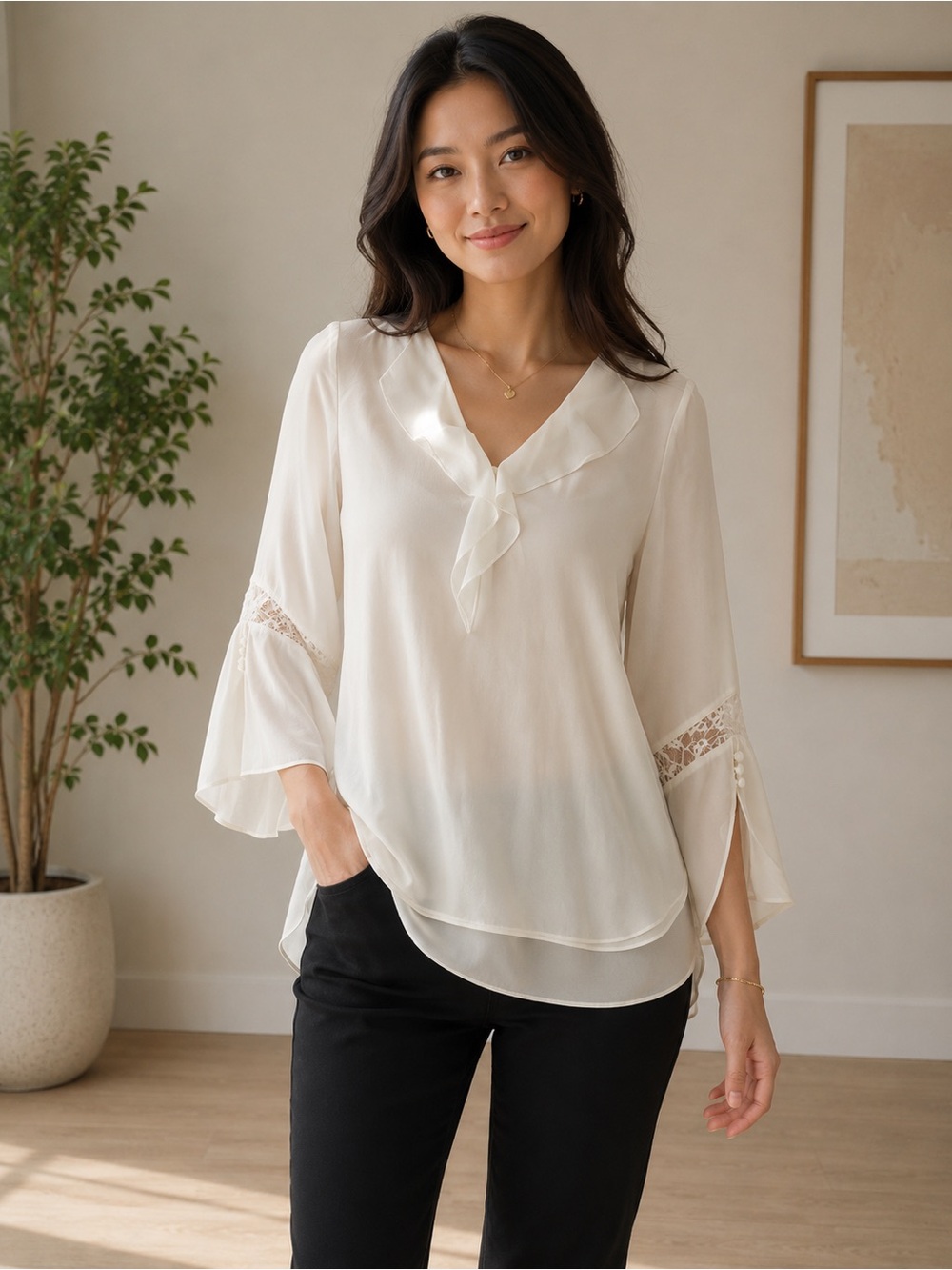 White House Black Market Cream Bell-Sleeve Blouse with Lace Inset